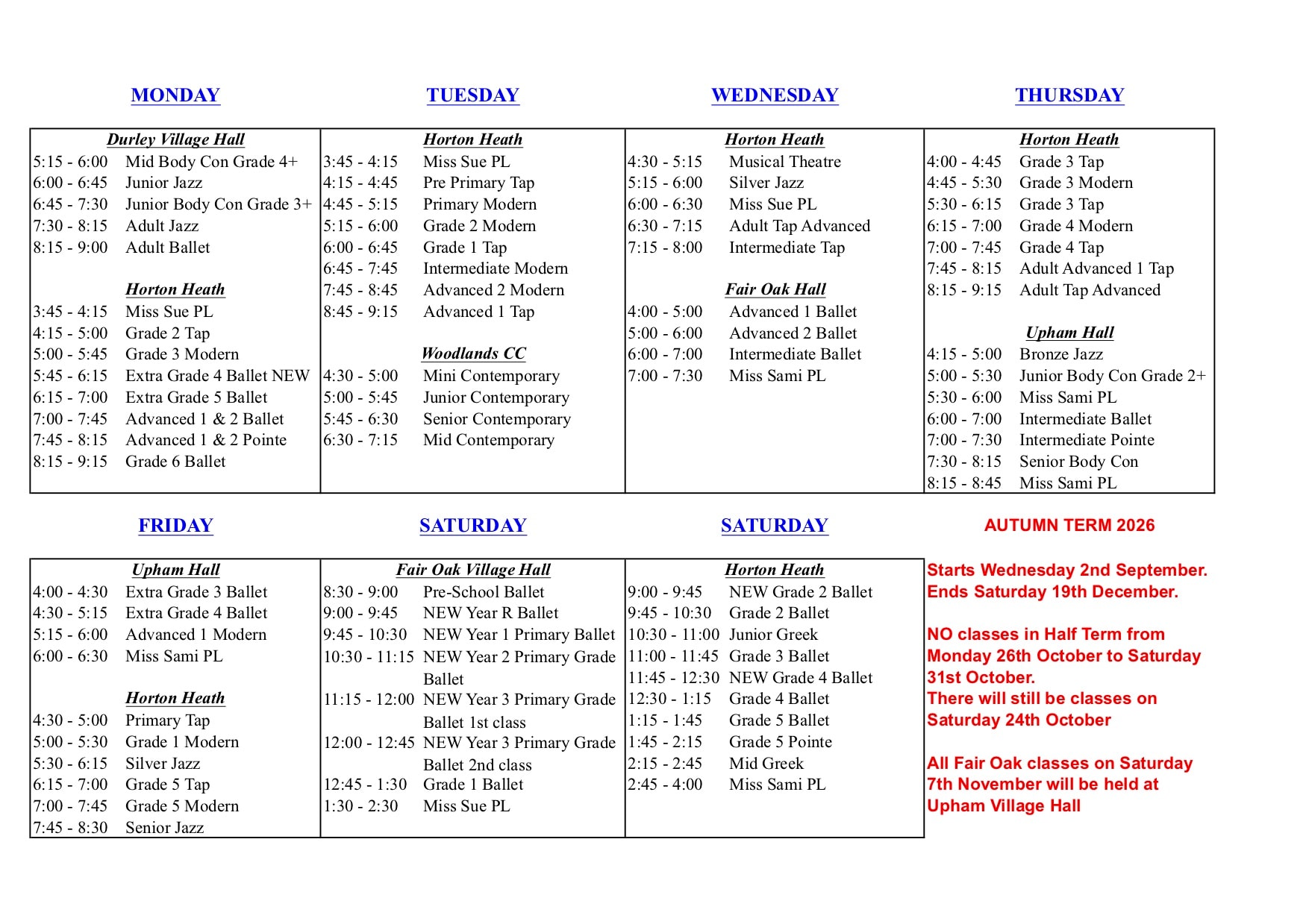Clay's Dance Academy Autumn Term 2026 class timetable